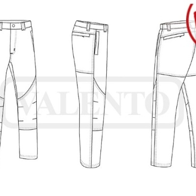 Desenho técnico de calças brancas com bolsos e costuras detalhadas