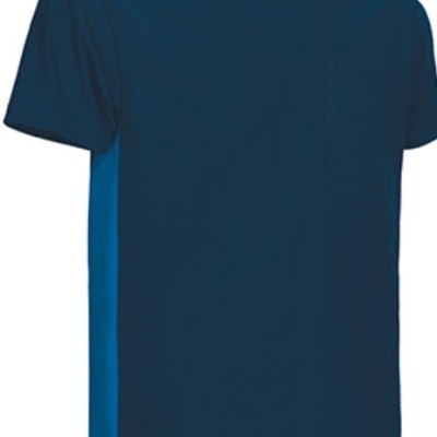 T-shirt masculina azul escura com bolso no peito e faixas azuis nas laterais
