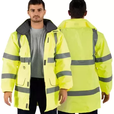 Casaco de alta visibilidade amarelo fluorescente com faixas reflexivas cinza