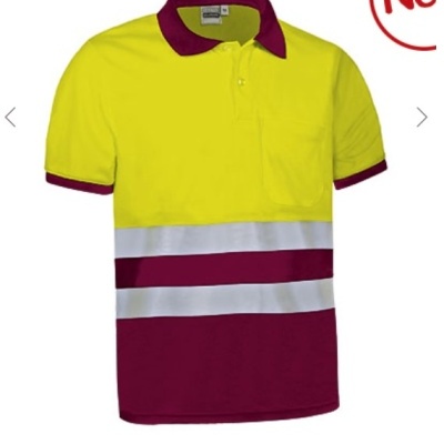 Polo de manga curta amarelo fluorescente e vermelho escuro com faixas refletoras prateadas