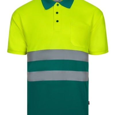 Polo de trabalho amarelo fluorescente com faixa refletora cinzenta e detalhes verdes