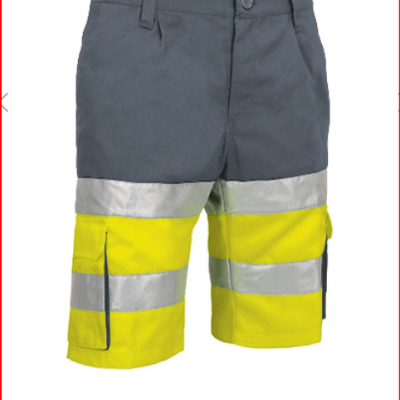 Calções de trabalho cinza e amarelos com faixas refletores prateadas