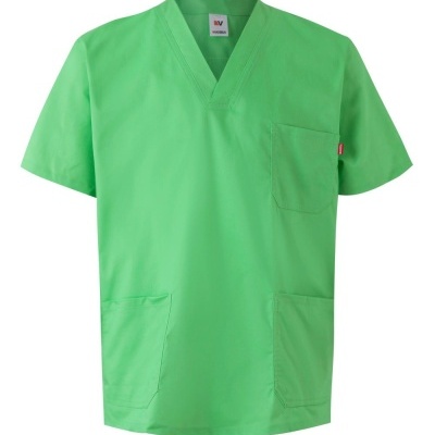 Túnica médica verde de manga curta com bolsos e decote em V