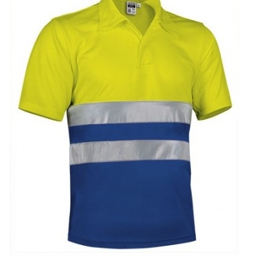 Polo de trabalho amarelo fluorescente com faixas refletoras cinza e azul