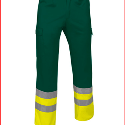 Calças trabalho verde escuro com faixas refletoras cinza e amarelo