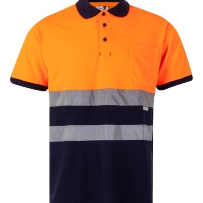 Polo de trabalho laranja e azul escuro com faixa refletora cinza.