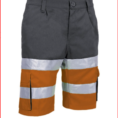 Calções de trabalho cinzentos e laranja com faixas refletoras prateadas