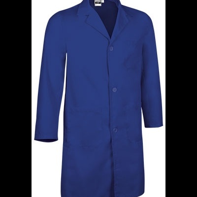 Veste laboral masculina azul com botões e bolsos frontais.