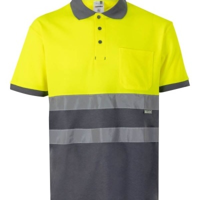 Polo de trabalho amarelo fluorescente e cinza com faixas refletoras e bolso ao peito.