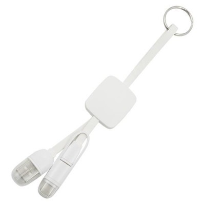 Cabo de carregador branco com dupla entrada USB-C e Lightning com argola metálica