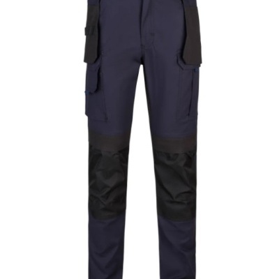 Calças de trabalho azul escuro e preto com bolsos e reforços pretos