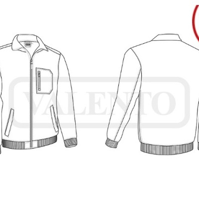 Desenho técnico de casaco branco com bolsos e fecho