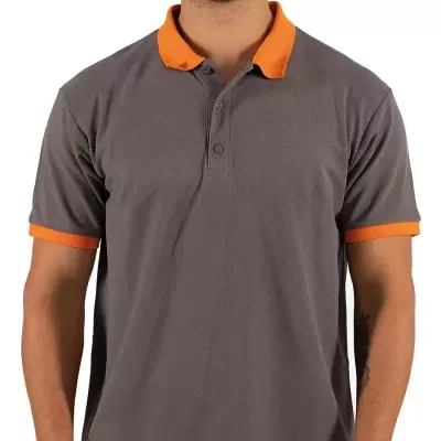 Camisola polo cinza com gola e bordos laranja