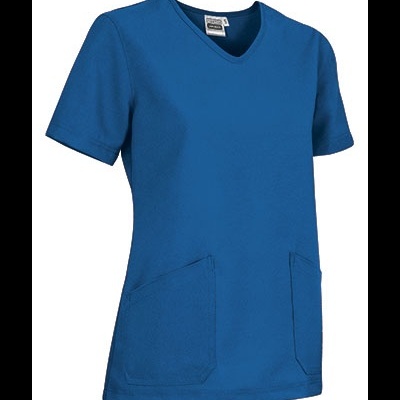 Camisola médica azul feminina com decote em V e dois bolsos frontais