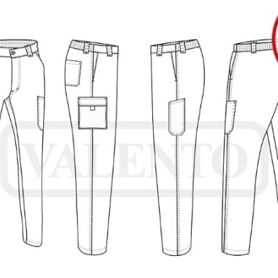 Desenho técnico de calças com bolsos laterais e selo 'New'.