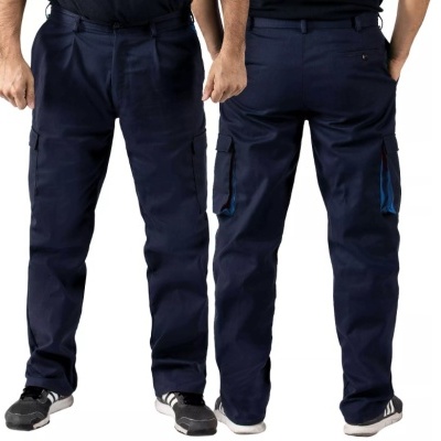 Calças de trabalho azuis escuras com bolsos tipo cargo, vista frontal e traseira.