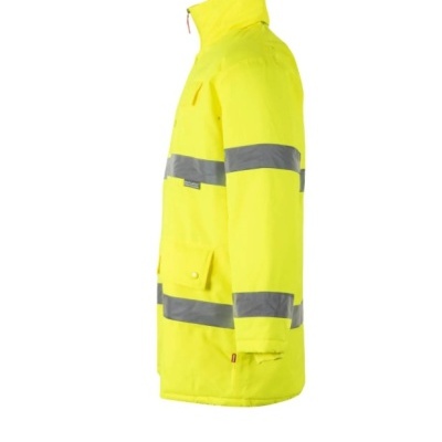 Casaco amarelo de alta visibilidade com fitas refletoras cinza