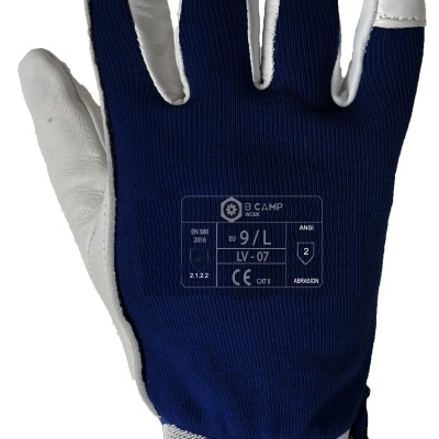 Luva de trabalho azul e branca com texto impresso B CAMP WORK