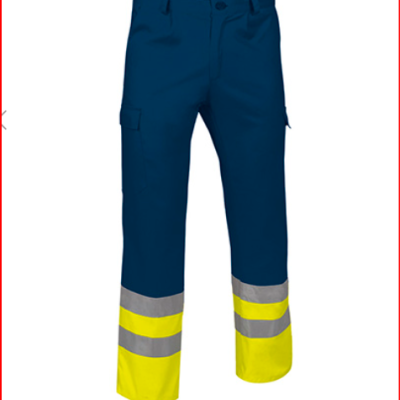 Calças de trabalho azul com faixas amarelas e refletoras