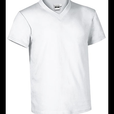 Camiseta branca de manga curta com gola em V e etiqueta na gola