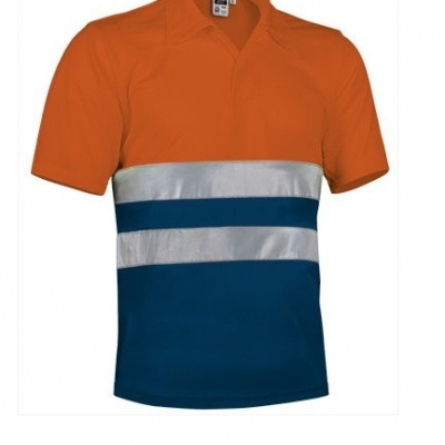 Polo laranja e azul com faixas reflexivas cinza