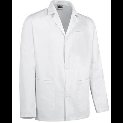Blusão branco profissional com botões e bolsos.
