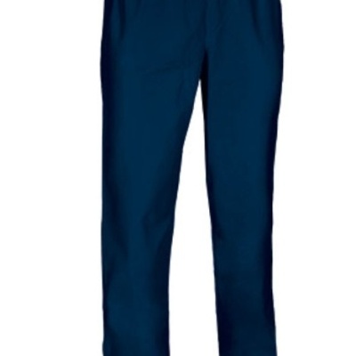 Calças compridas azuis com cintura elástica sobre fundo branco.