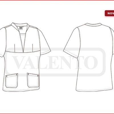 desenho técnico de bata branca com bolsos frontais e gola em V