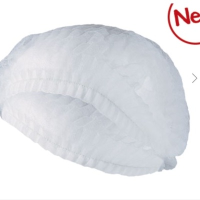 Touca descartável branca em nylon com textura quadriculada e etiqueta 'New'