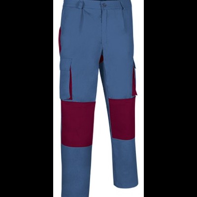 Calças de trabalho bicolores azul e vermelho vinho com bolsos laterais e joelheiras reforçadas