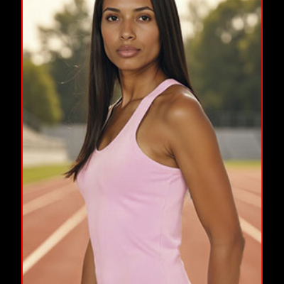 Mulher com camisole rosa em pista de atletismo