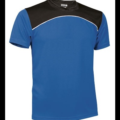 Camiseta desportiva azul e preta com gola redonda