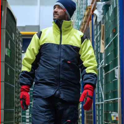 Homem com roupa de trabalho fluorescente e gorro azul num armazém