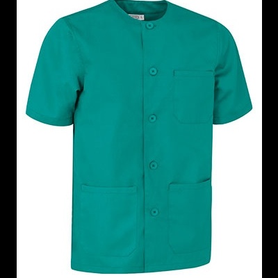 Túnica médica de manga curta turquesa com botões e bolsos.