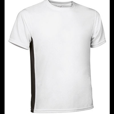 Camiseta desportiva branca com detalhes pretos nas laterais