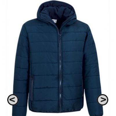 Casaco acolchoado azul-escuro com capuz e fechos