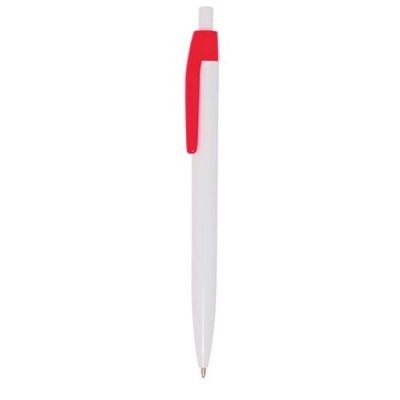 Caneta branca com clip e botão vermelho sobre fundo branco