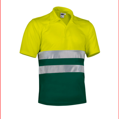 Camisola polo de manga curta amarela e verde com faixas refletoras cinza