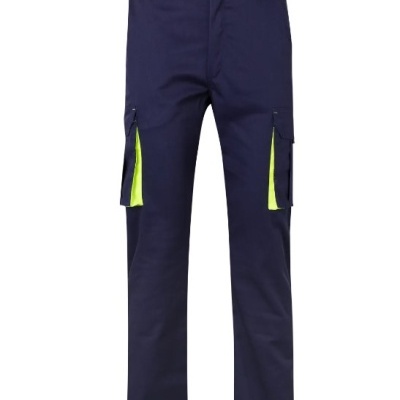 Calças de trabalho azuis com detalhes amarelos fluorescentes em fundo branco
