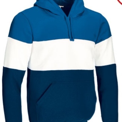 Sweatshirt com capuz azul claro, branca e azul escuro com bolso frontal