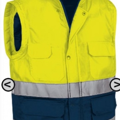 Colete de trabalho amarelo fluorescente e azul com faixas refletoras