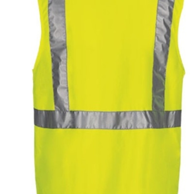Colete de segurança amarelo fluorescente com faixas refletoras cinzentas visto de trás