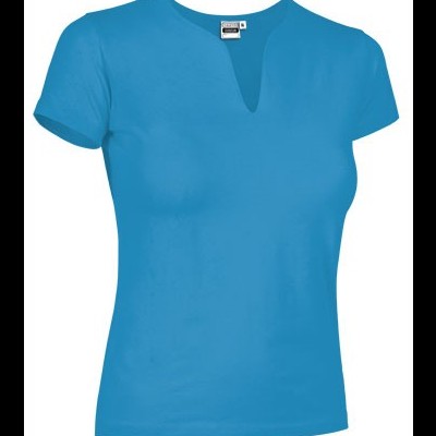 T-shirt feminina azul de manga curta com decote em V e etiqueta na gola