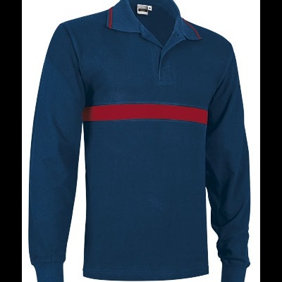 Polo azul escuro de manga longa com faixa vermelha e gola com detalhes vermelhos