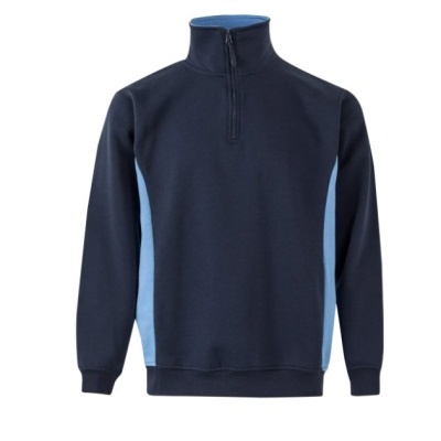 Sweatshirt azul escuro com painéis laterais azuis claros e gola alta