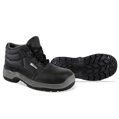 Botas de segurança pretas com sola cinza e design robusto