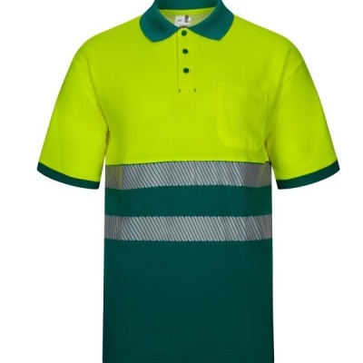 Polo bicolor amarelo fluorescente e verde com faixas refletoras e bolso