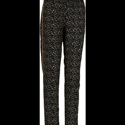 Calças estampadas pretas com listra dourada lateral