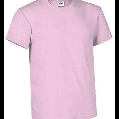 Camiseta rosa clara de algodão com etiqueta da marca GILDAN no pescoço