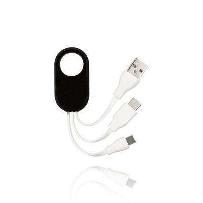 Cabo USB branco com suporte preto e múltiplos conectores USB sobre fundo branco